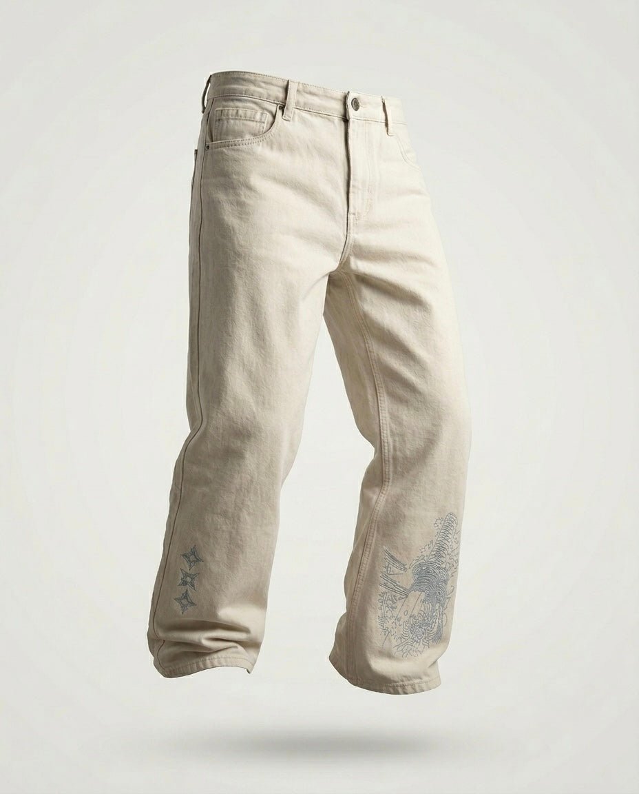 Ivory Katana Denim which is a light cream coloured baggy streetwear denim by Ripoff